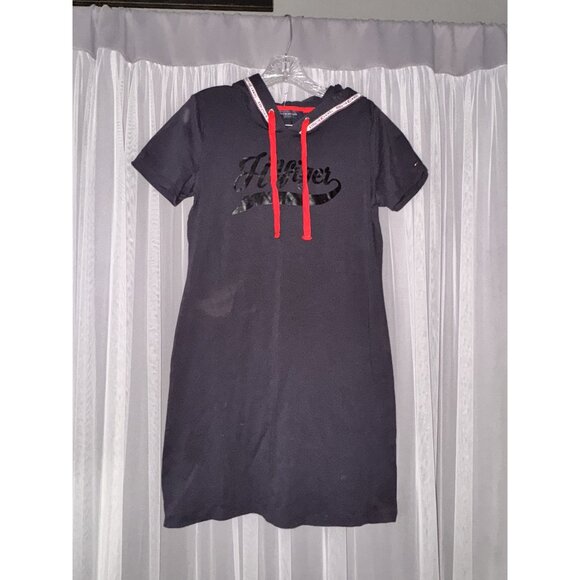 Tommy Hilfiger Navy Blue Logo Hoodie Dress With Red Drawstrings Size M - Picture 1 of 8